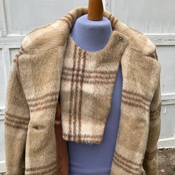 Lynn Pynn Pure Wool Long Winter Coat Vintage 60s Made in Canada Beige Plaid - Picture 3 of 16